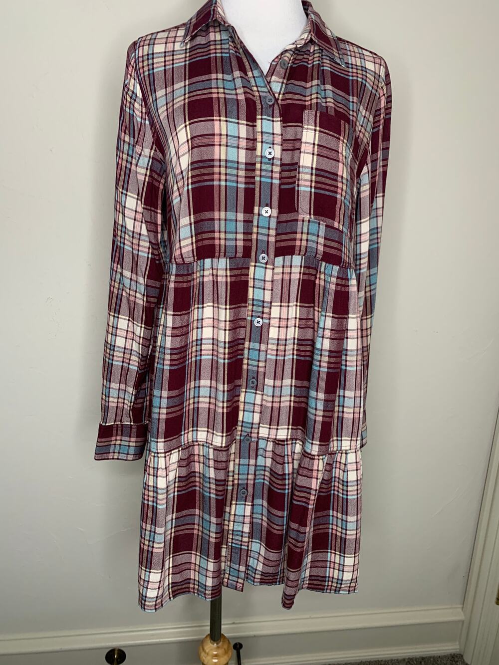 LOFT Plaid Babydoll Shirt Dress Sz Small Western Cottage Normcore